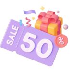 50 percent off coupon and gift box isolated on white background 3d rendering _ Premium Photo
