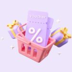 판매 쿠폰 및 선물 상자 3d 렌더링 일러스트와 함께 쇼핑 바구니 _ 프리미엄 사진