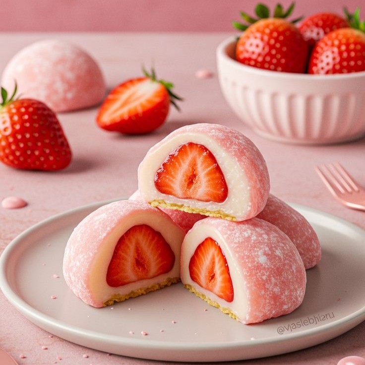 Bánh mochi hồng nhân dâu tây tươi, bày trên đĩa trắng.
