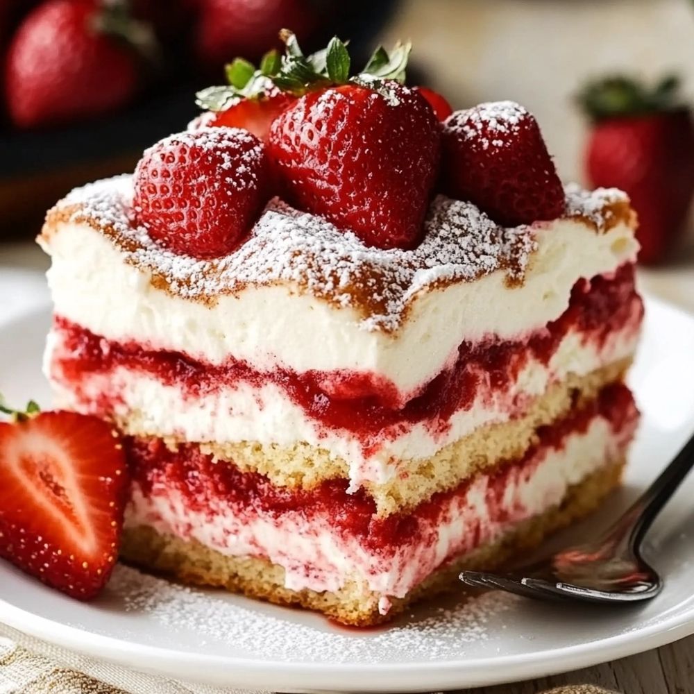 Một miếng tiramisu dâu tây nhiều lớp với kem béo mịn, xen kẽ sốt dâu đỏ rực và trang trí dâu tươi phủ đường bột.