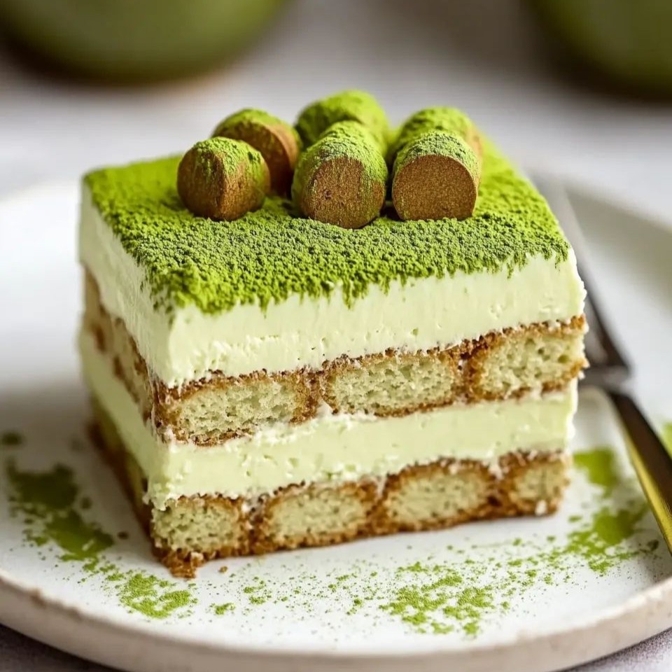 Một miếng tiramisu matcha nhiều lớp với kem béo mịn, phủ bột trà xanh và trang trí viên kẹo cacao trên mặt.