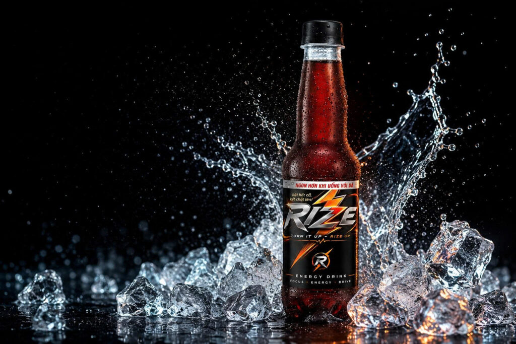 Chai nước tăng lực rize cùng đá lạnh bùng nổ