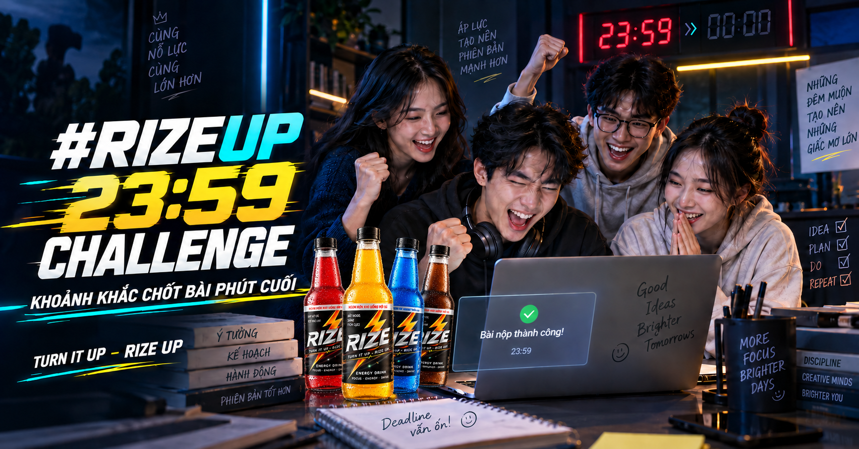 Ảnh chiến dicchj #RIZEUP 23:59 Challenge với 4 chai nước tăng lực RIZE