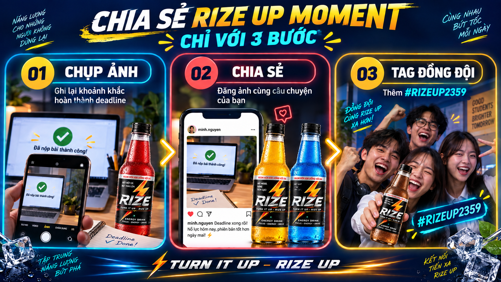 Hướng dẫn ba bước tham gia RIZE UP Challenge gồm chụp ảnh, chia sẻ và tag đồng đội